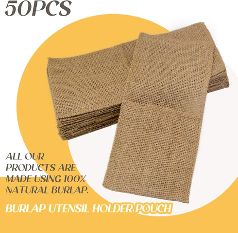 FQTANJU 50 Pcs Burlap Utensils Holders, 4"x8.8" Natural Jute Cutlery Pouch for Rustic Wedding Party Decorations