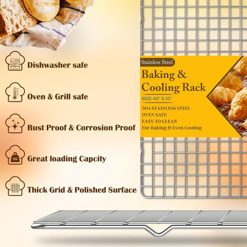 2PCS Cooling Racks for Cooking and Baking - 10" x 15"Heavy Duty Stainless Steel Wire Rack for Baking, Grilling, Roasting - Oven & Dishwasher Safe - Fits Half Sheet Pan