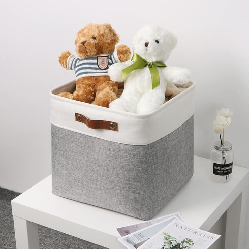 Temary 13 Inch Fabric Storage Cubes Baskets, Large Baskets with PU Leather Handle for Toys, Books, Blankets