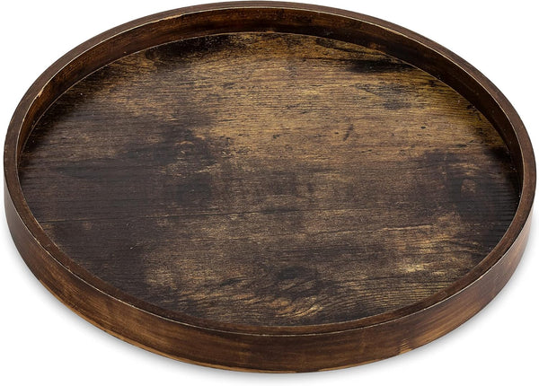 Hanobe DecorativeTray for Coffee Table : Round Vintage Brown Wood Trays for