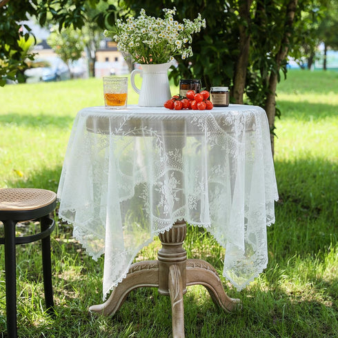 White Lace Small Square Tablecloth 35 x 35 Inch Vintage Embroidered Table