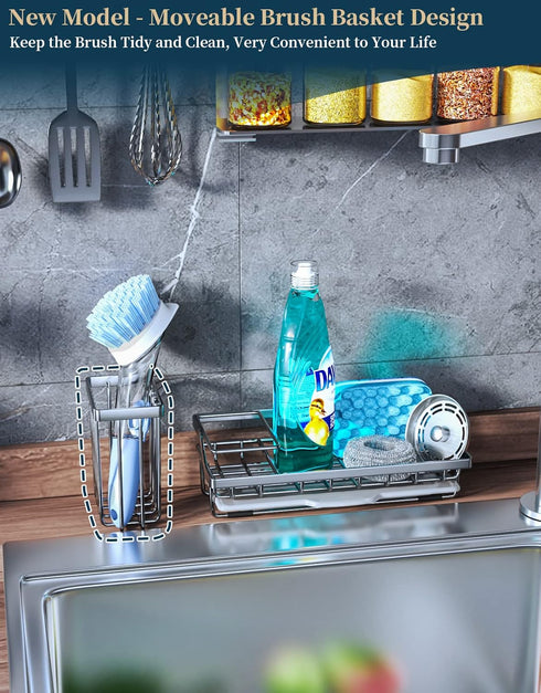 Consumest Sink Caddy, Kitchen Sponge Holder + Dish Brush Holder for Kitchen Sink, Sink Organizer with Drip Tray for Countertop, Stainless Steel Rustproof - Silver by Consumest