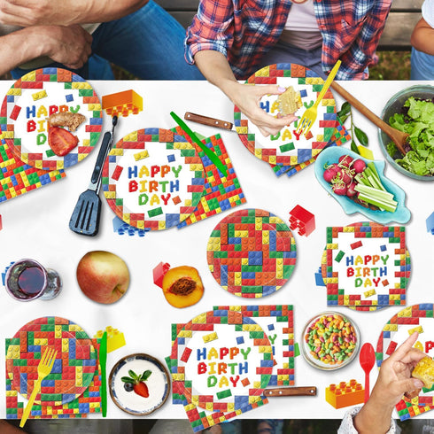177 25 LINHAXM Pcs Building Block Birthday Party Supplies, Colorful Plates, Napkins, Cups, Tablecloth, Banner for Boys