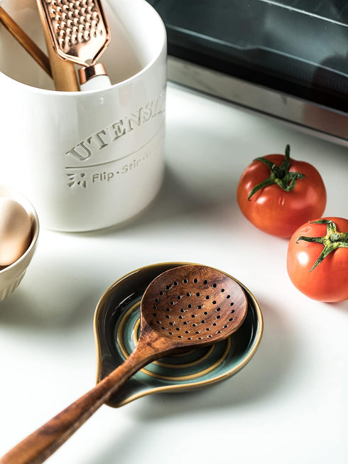 Spoon Rest with Handle, Blue and Green Cooking Spoon Holder for Countertop, Utensil Rest for Spoons, Ladles, Tongs,