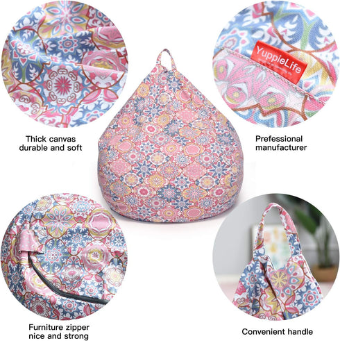 YuppieLife Kids Storage Bean Bag Cover, Toy Organizer with Carrying Handle, Machine Washable, 27" Pink Flowers