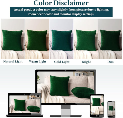 PAVILIA Emerald Green Throw Pillow Covers, 18x18 Set of 2, Decorative Pillow Cases for Bed Sofa Couch, Velvet Square