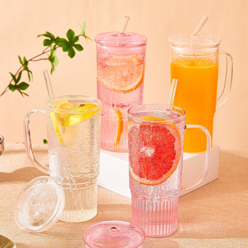 24oz 2 Pack GOSCHE Glass Cups with Lids and Straws, Clear Iced Coffee Cups with Handle, Glass Tumbler with Straw