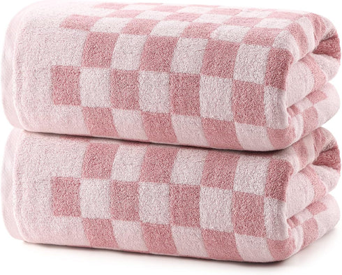 REDKISS 2 Piece Pink Checkered Bath Towels Set - 27x55 Highly Absorbent