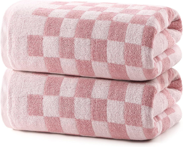 REDKISS 2 Piece Pink Checkered Bath Towels Set - 27x55 Highly Absorbent