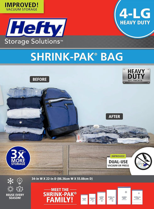 Hefty Shrink-Pak Vacuum Storage Bags - 4 Large Heavy Duty Bags for Clothing, Comforter & Under Bed Storage
