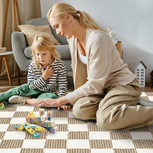 3' 5' Checkered Brown Area Rug Washable Large Living Room Rug Geometry Neutral Line Non-Slip Soft Bedroom Carpet Dining