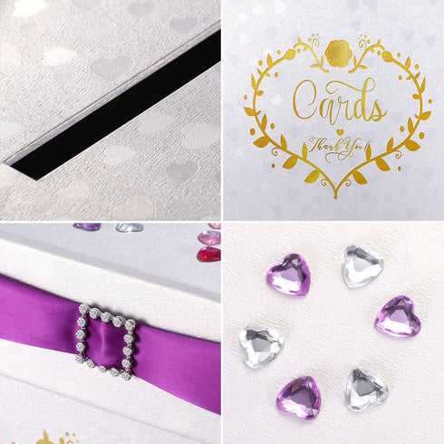 Wedding Card Box with 2 Color Ribbons, 10"x10" Textured White Box with Golden Embossed Hearts Design
