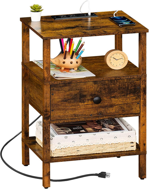 Lerliuo Nightstand with Charging Station and USB Ports, 3-Tier Storage End Table with Drawer, Retro Brown Wood Bedside