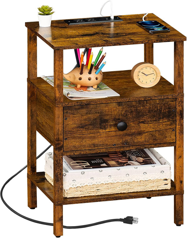 Lerliuo Nightstand with Charging Station and USB Ports, 3-Tier Storage End Table with Drawer, Retro Brown Wood Bedside