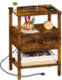 Lerliuo Nightstand with Charging Station and USB Ports, 3-Tier Storage End Table with Drawer, Retro Brown Wood Bedside