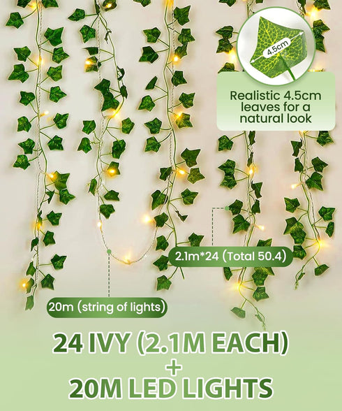 24Pack 82 inch, 160 KASZOO / Each Artificial Ivy Garland Fake Plants with LED String Light, Green for Wedding Party