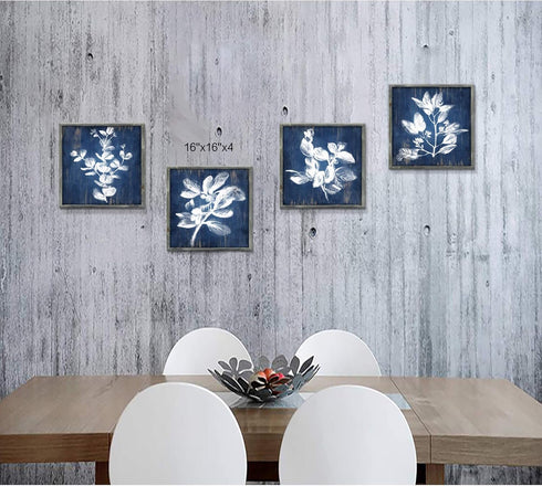 White Botanical Wooden Wall Art, Rustic Framed Artistic Plant Leaves Picture (16 x 16 x 4 pcs)