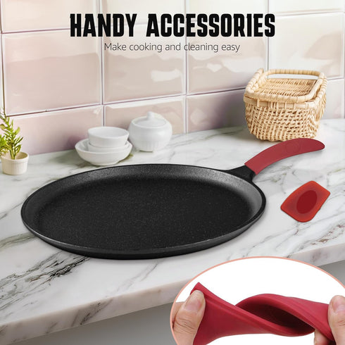 Cast Iron Round Griddle 10.5 Inch, Pre-Seasoned Pan with Heat-Resistant Handle for Indoor Outdoor Cooking