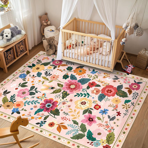 5x7 RELEANY Floral Area Rug Machine Washable Soft Print Boho Carpet Non Slip Doormat Low Pile Flower Area Rugs