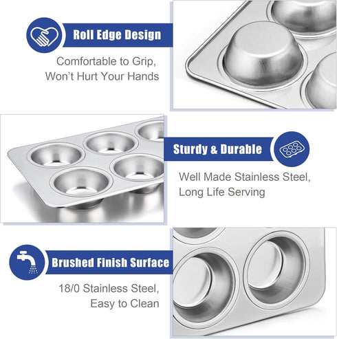 TeamFar Muffin Pan, 6 Cup Stainless Steel Muffin Tin Tray Set for Baking Cakes, Cornbread, Quiche, Oven & Dishwasher