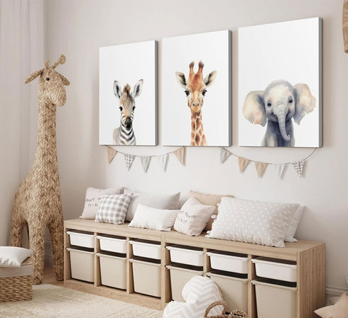 Set 3 12x16in Framed Kid'S Room Animals Wall Art Pictures of Cute Giraffe Zebra Elephant Canvas Prints Woodland Nursery
