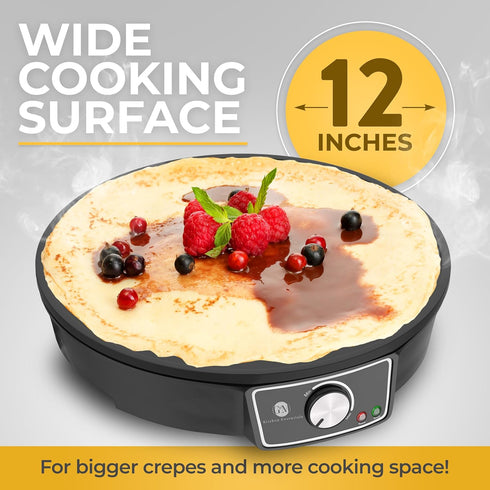 Crepe Maker Machine - Nonstick 12” Electric Griddle for Pancakes, Roti, Tortilla, Portable, Compact