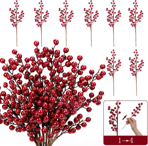 HOHOTIME Christmas Holly Berry Stem Ornaments, 8 Large Branches/32 Small Branches Artificial