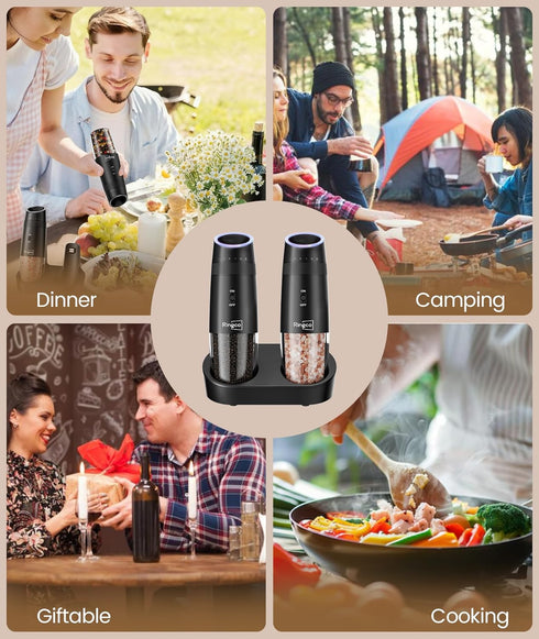 Set 135ml Ringco Gravity Electric Salt and Pepper Grinder with Charging Base, Automatic Gravity Salt and Pepper Mill