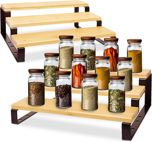 RoyalHouse Bamboo and Metal Expandable Spice Rack Organizer, 3-Tier Adjustable Kitchen Cabinet Countertop Display Shelf