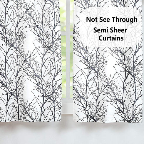 FMFUNCTEX White Black Kitchen Curtains, Small Tier Curtains 22" x 24" Cafe Curtain Set with Tree Branch Print