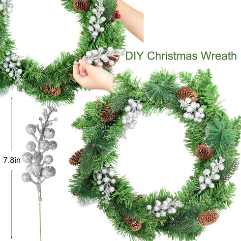 Lvydec 16pcs Christmas Glitter Berries Stems, 7.8" Artificial Picks for Christmas Tree Ornaments & DIY Wreath