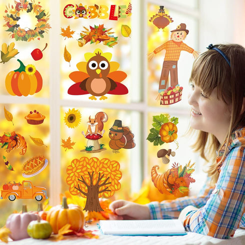 Thanksgiving Fall Window Clings Decorations, 10 Sheets Double Sided Stickers for Kids Home Office Classroom