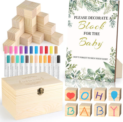 wookidel 72PCS Baby Shower Games Kit with Blank Wooden Blocks, Acrylic Paint