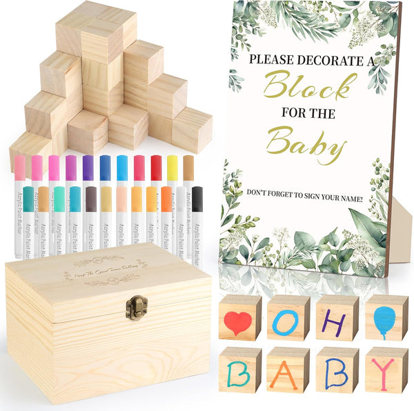 wookidel 72PCS Baby Shower Games Kit with Blank Wooden Blocks, Acrylic Paint