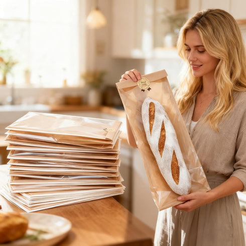 Farsheo 100PCS Packaging Sticker(14"Kraft 100PCS) French Bread Bags Bakery Bags with Clear Window Large Baguette Bread