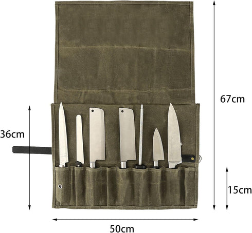 9 Pockets Canvas Chef Knife Roll Bag, Knife Wrap Wallet, Cutlery Knife Pouch Holders for Kitchen Utensils (Army Green)