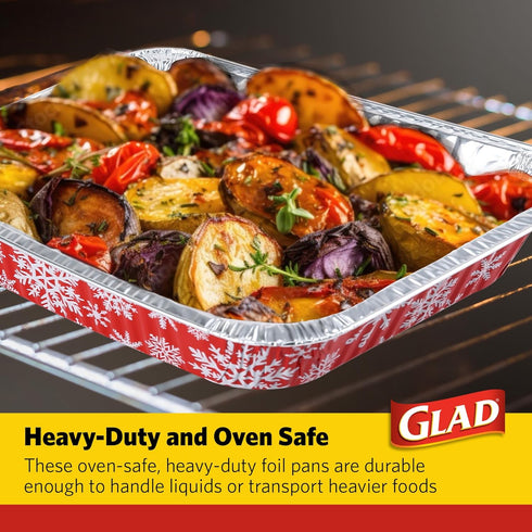 Glad Disposable Aluminum All-Purpose Pans in Red & White Snowflake Pattern, 2ct with Lids, Durable Foil Steam Pans