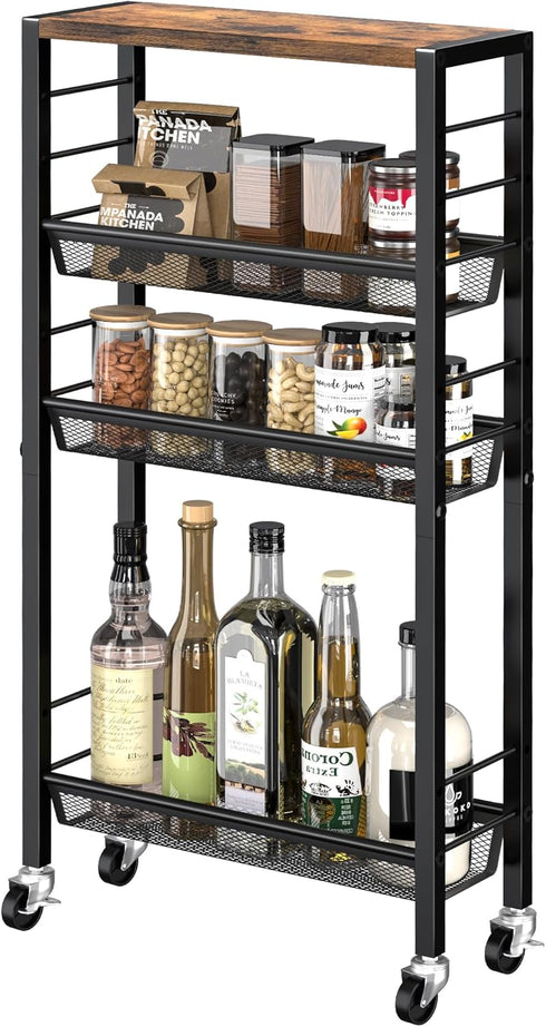 Narrow Storage Cart with Wheels,4-Tier Narrow Kitchen Carts Slim Rolling Cart,Skinny Storage