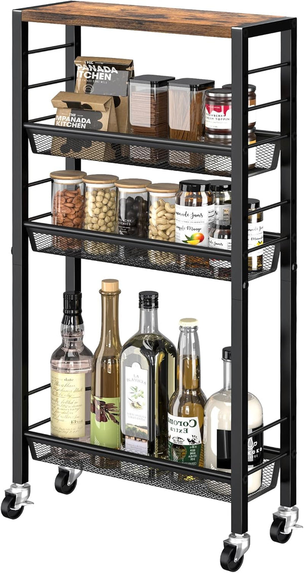 Narrow Storage Cart with Wheels,4-Tier Narrow Kitchen Carts Slim Rolling Cart,Skinny Storage