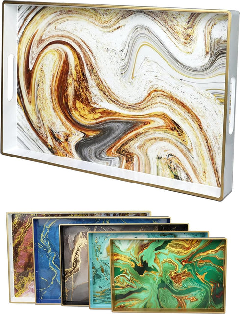White Marbling Decorative Tray with Handles, Morden Plastic Rectangular Serving Tray for