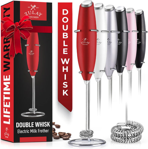 Zulay Kitchen Powerful Double Whisk Milk Frother, Handheld Foam Maker with Stand for Coffee, Mini Foamer for Latte