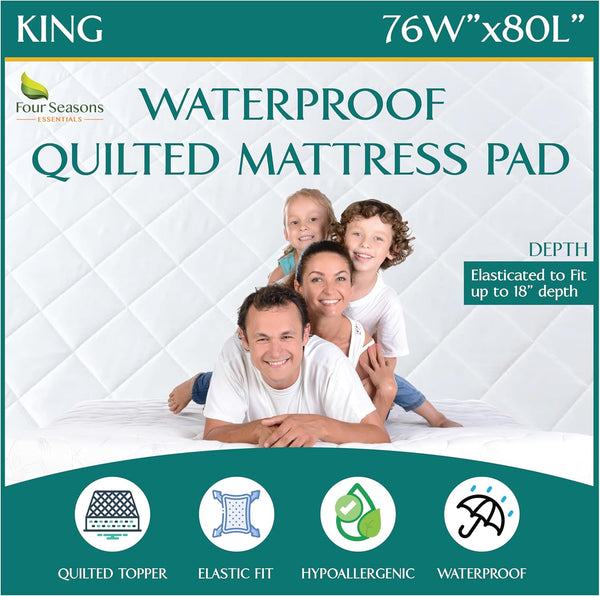 King Size Quilted Mattress Pad - Premium Quality Hypoallergenic Mattress Cover, Fitted Waterproof Mattress Protector,