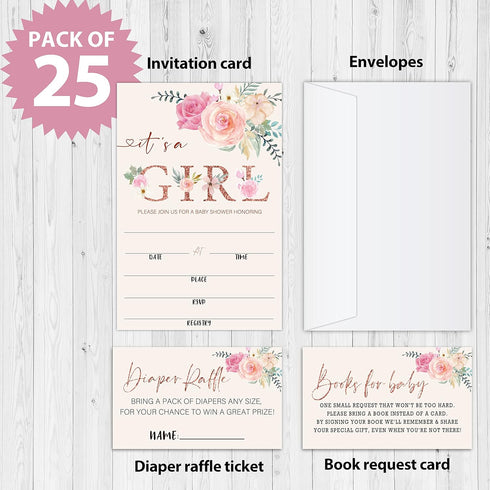Utaqer 100 set, Supplies/tz-a011 Blush Pink Floral Baby Shower Invitation Cards With Envelopes, Diaper Raffle Tickets