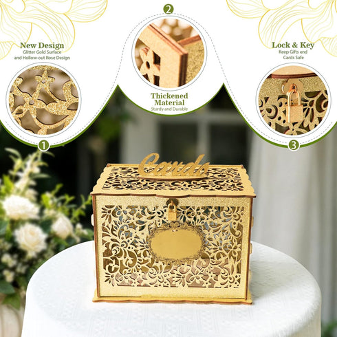 OurWarm Glittery Gold Wedding Card Box with Lock, Wood Gift Box for Reception, Party Decorations