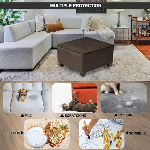 NeColorLife Waterproof Square Ottoman Cover, Thick Stretch Velvet Slipcover for Footstool, Non-Slip Soft Furniture