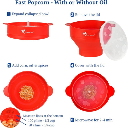 Silicone Microwave Popcorn Popper Bowl - 100% Pure Silicone, BPA-free, Reusable, Eco-Friendly