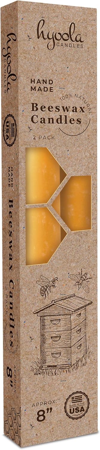 Hyoola 8" Beeswax Taper Candles, 8 Hour Burn Time, Yellow Beeswax Candles, 2 Pack