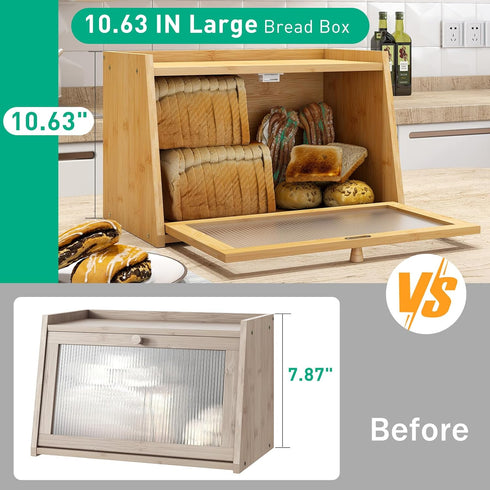 kiplant Counter, Bread Box for Kitchen Large Bamboo Bread Storage Container with Wavy Arcylic Door, Bamboo Wooden
