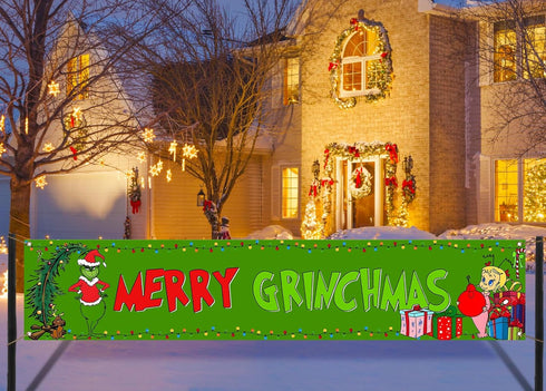 Nepnuser Grinchmas Fence Banner Christmas Green Elf Winter Holiday Party Decoration Xmas Large Home Garden Outdoor Yard Hanging Sign-1.6 * 8.2ft (Green-A)