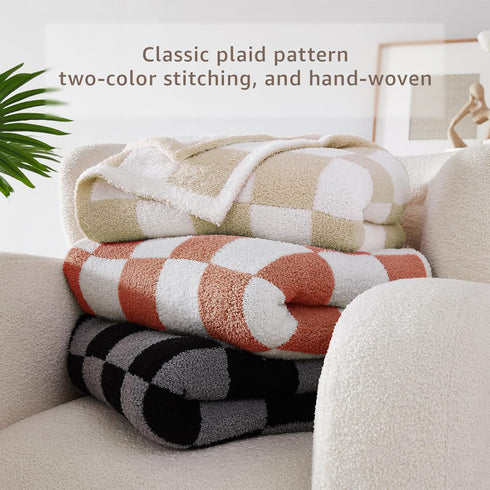 Cozy 50"*70" WRENSONGE Checkered Throw Blanket, Beige Soft Fluffy Warm Hand Made Throw Blankets for Couch, Sofa, Chair